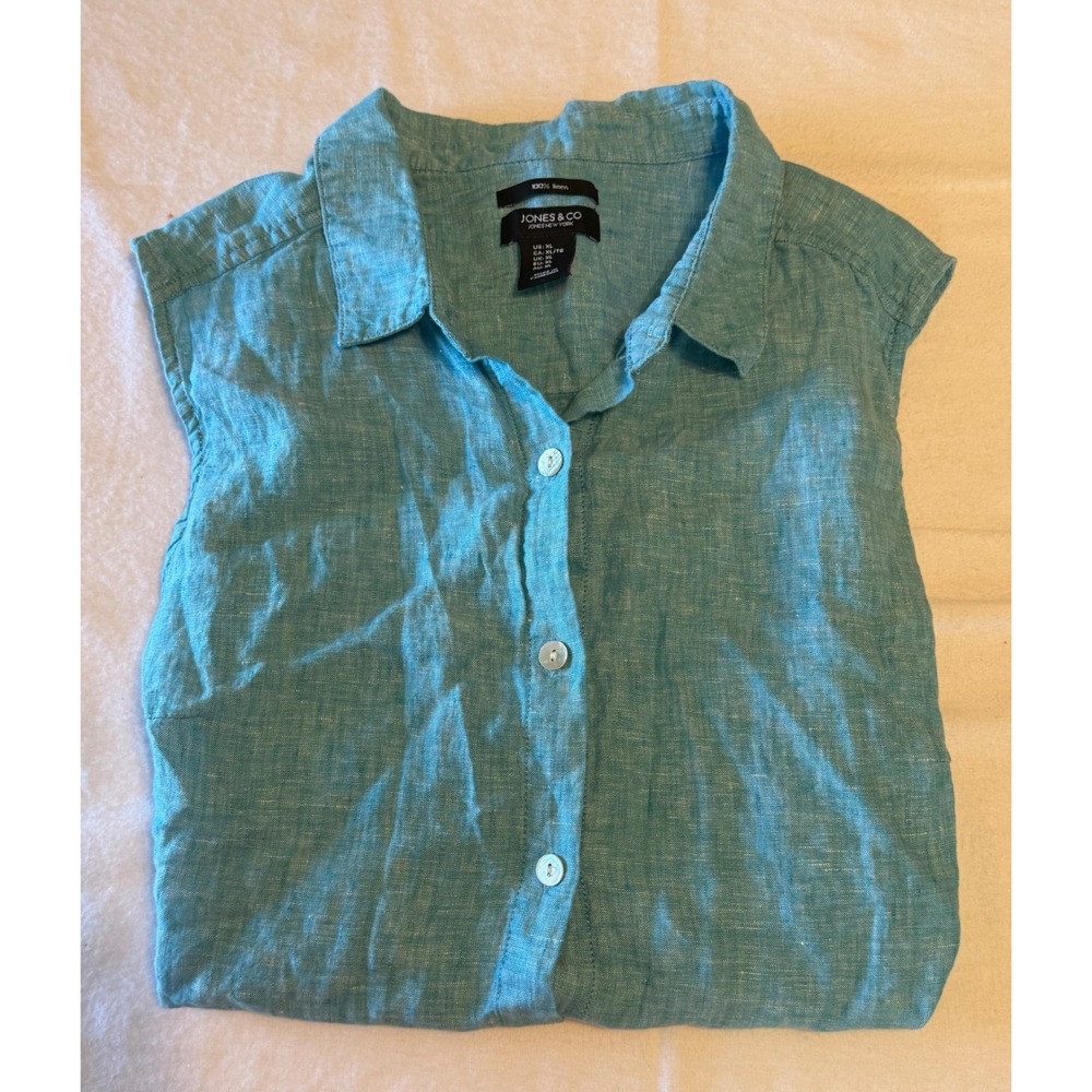 Jones & Co Jones New York Womens XL Teal 100% Linen Sleeveless Button Down Shirt